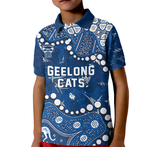 Personalized Geelong Cats Kid Polo Shirt Aboriginal Pattern with Graffiti Style