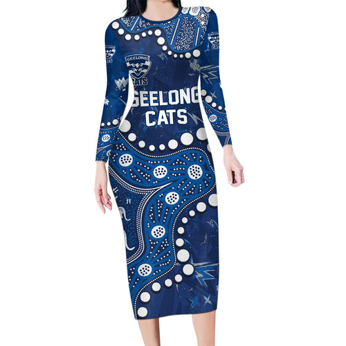 Personalized Geelong Cats Long Sleeve Bodycon Dress Aboriginal Pattern with Graffiti Style