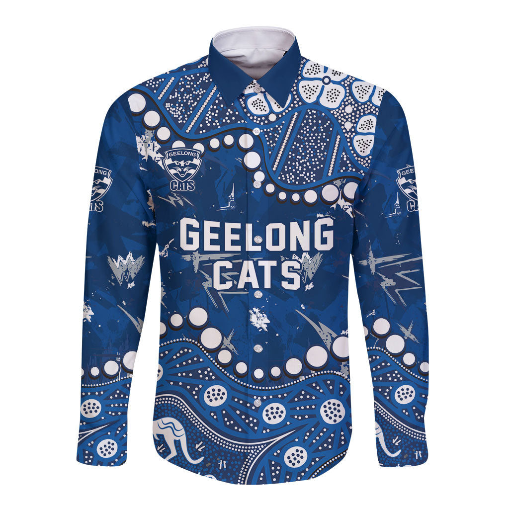 Personalized Geelong Cats Long Sleeve Button Shirt Aboriginal Pattern with Graffiti Style