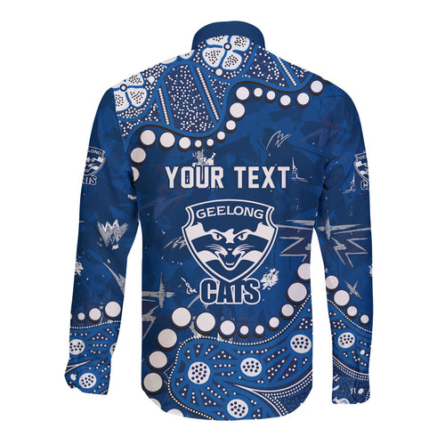 Personalized Geelong Cats Long Sleeve Button Shirt Aboriginal Pattern with Graffiti Style