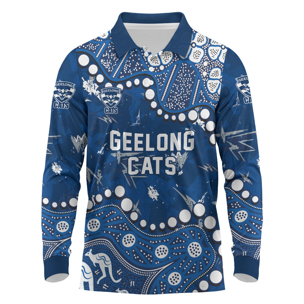 Personalized Geelong Cats Long Sleeve Polo Shirt Aboriginal Pattern with Graffiti Style
