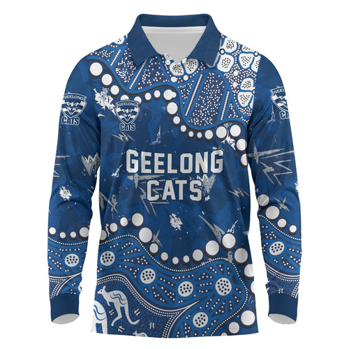 Personalized Geelong Cats Long Sleeve Polo Shirt Aboriginal Pattern with Graffiti Style
