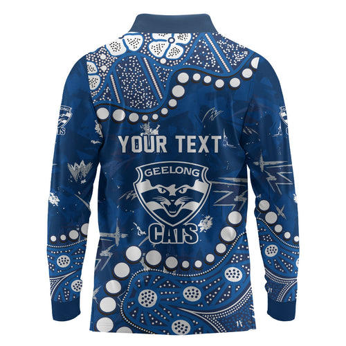 Personalized Geelong Cats Long Sleeve Polo Shirt Aboriginal Pattern with Graffiti Style