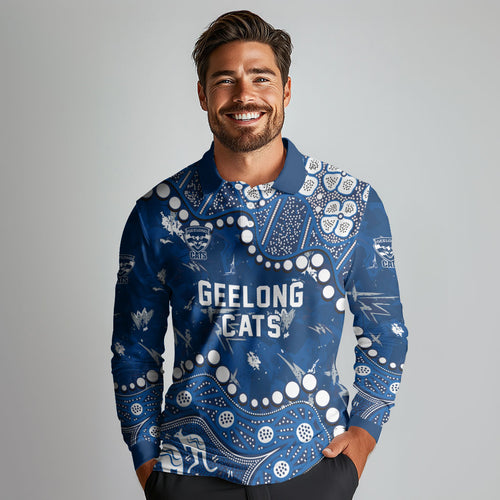 Personalized Geelong Cats Long Sleeve Polo Shirt Aboriginal Pattern with Graffiti Style