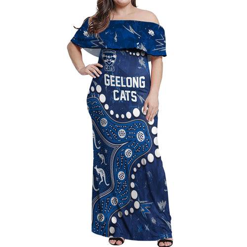Personalized Geelong Cats Off Shoulder Maxi Dress Aboriginal Pattern with Graffiti Style