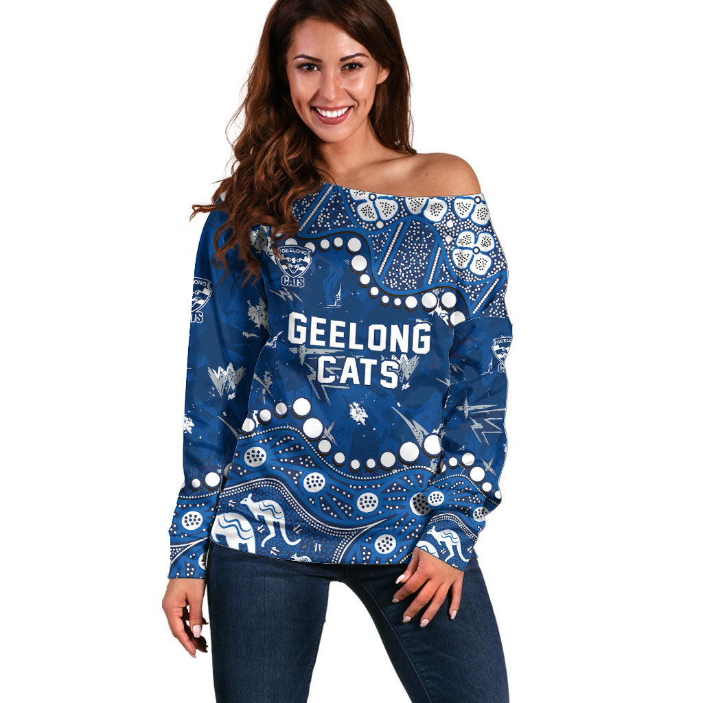 Personalized Geelong Cats Off Shoulder Sweater Aboriginal Pattern with Graffiti Style