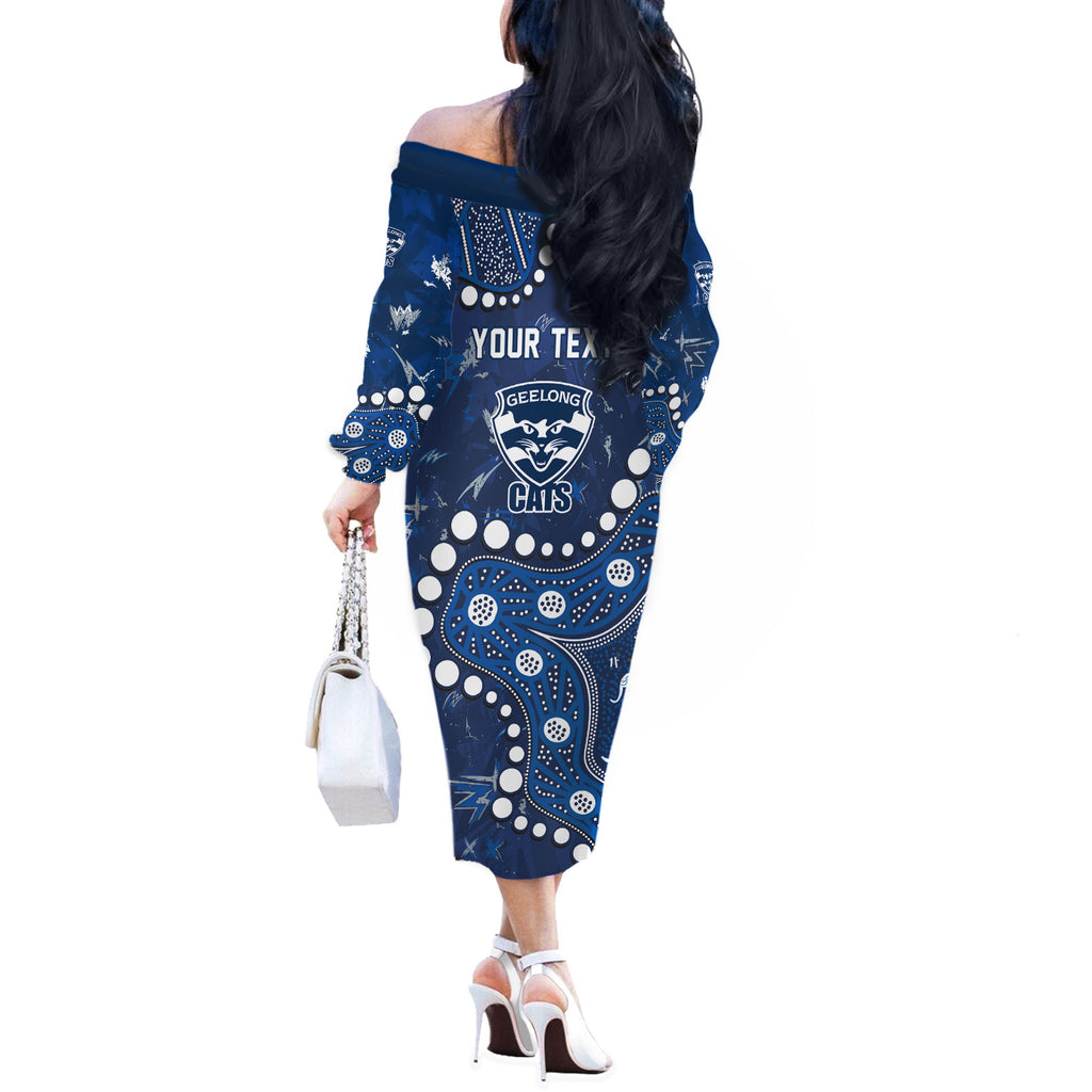 Personalized Geelong Cats Off The Shoulder Long Sleeve Dress Aboriginal Pattern with Graffiti Style