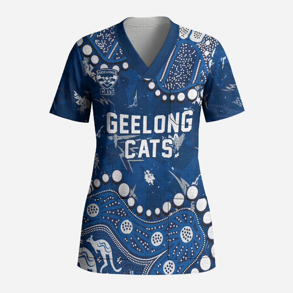 Personalized Geelong Cats Scrub Top Aboriginal Pattern with Graffiti Style