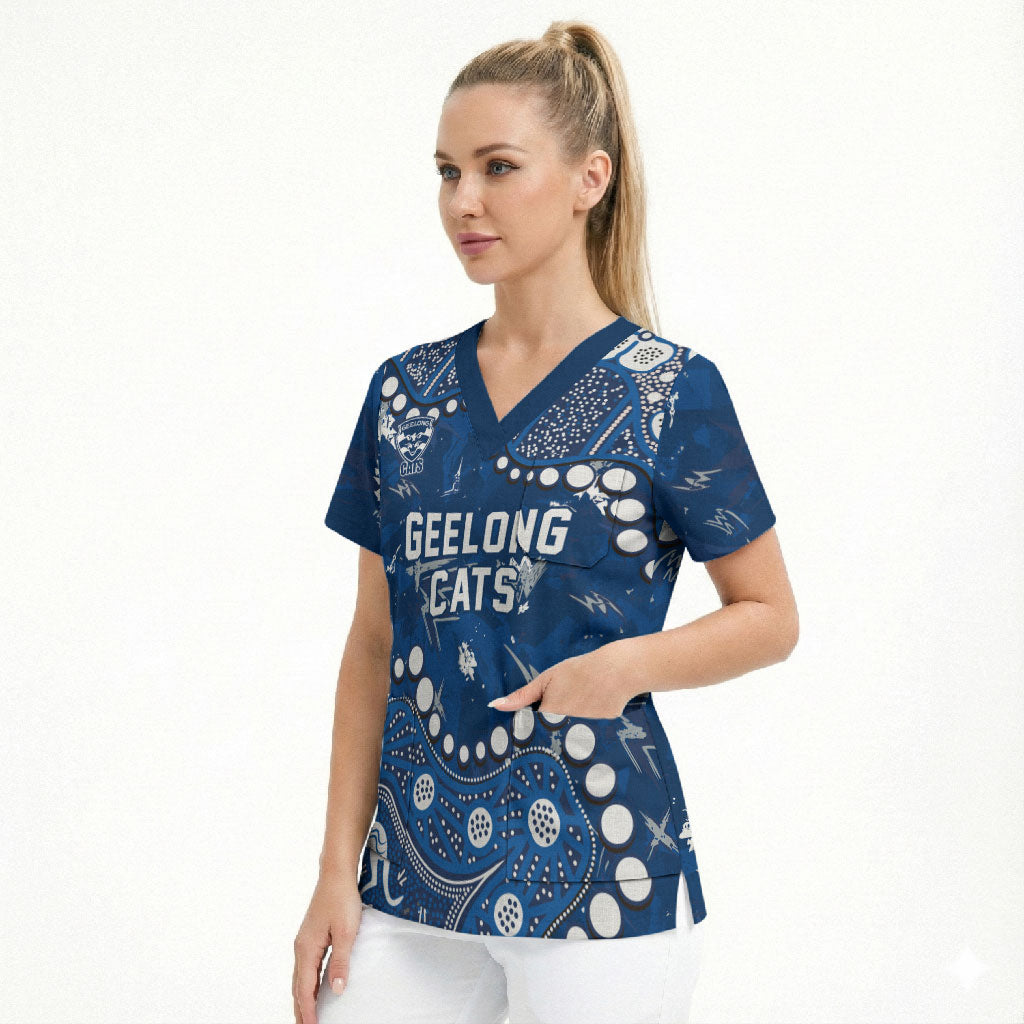 Personalized Geelong Cats Scrub Top Aboriginal Pattern with Graffiti Style