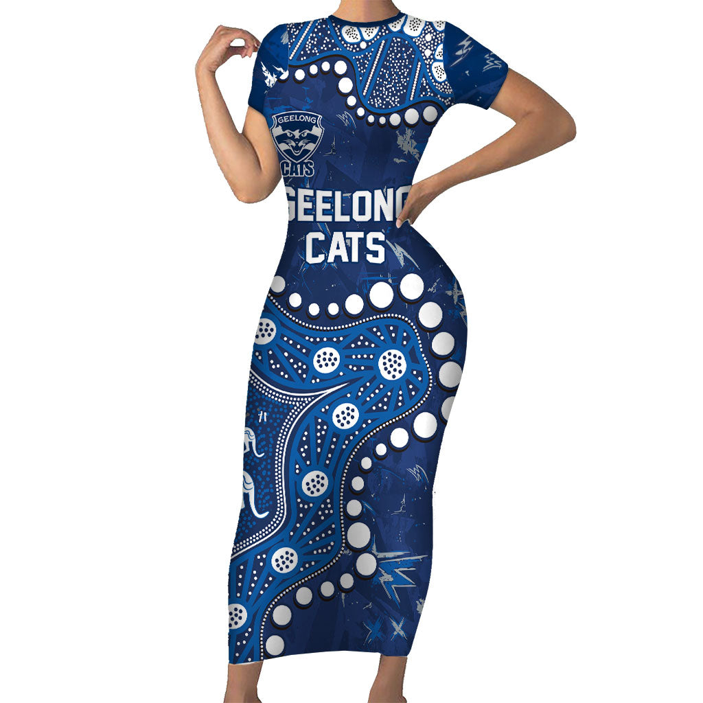 Personalized Geelong Cats Short Sleeve Bodycon Dress Aboriginal Pattern with Graffiti Style