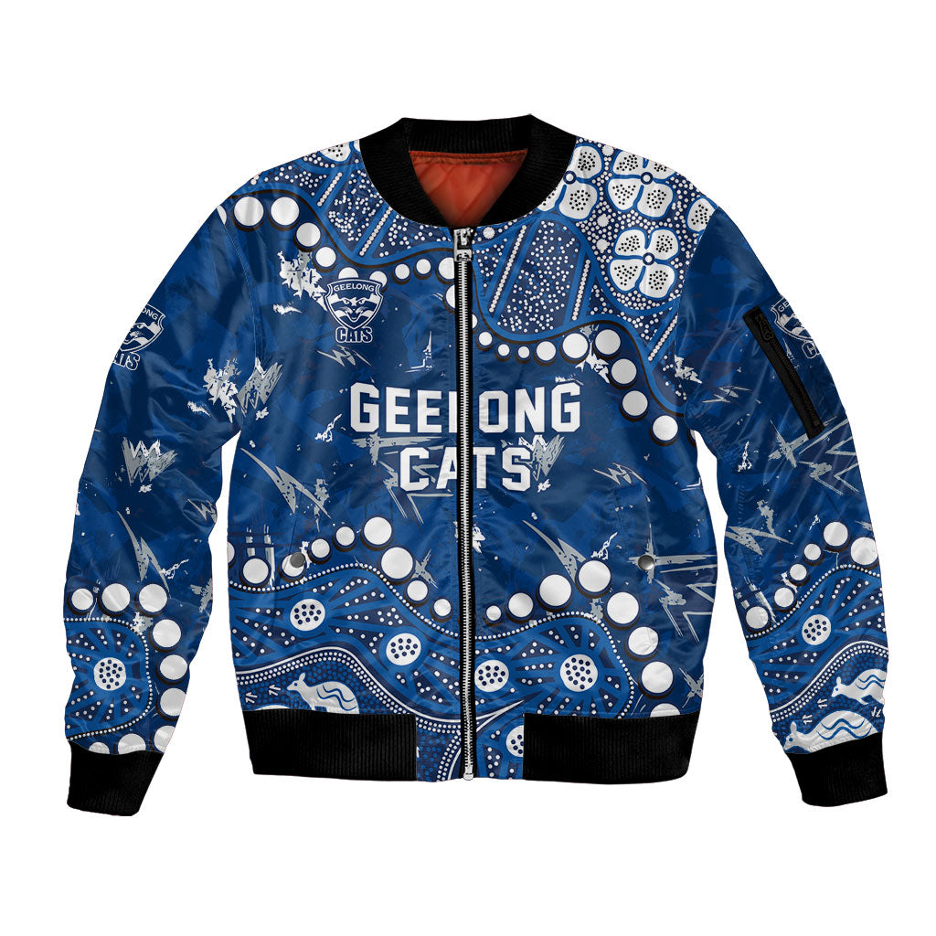 Personalized Geelong Cats Sleeve Zip Bomber Jacket Aboriginal Pattern with Graffiti Style