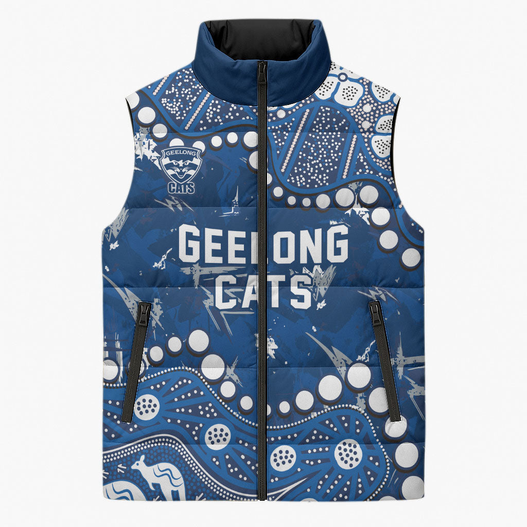 Personalized Geelong Cats Sleeveless Puffer Jacket Aboriginal Pattern with Graffiti Style