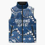 Personalized Geelong Cats Sleeveless Puffer Jacket Aboriginal Pattern with Graffiti Style