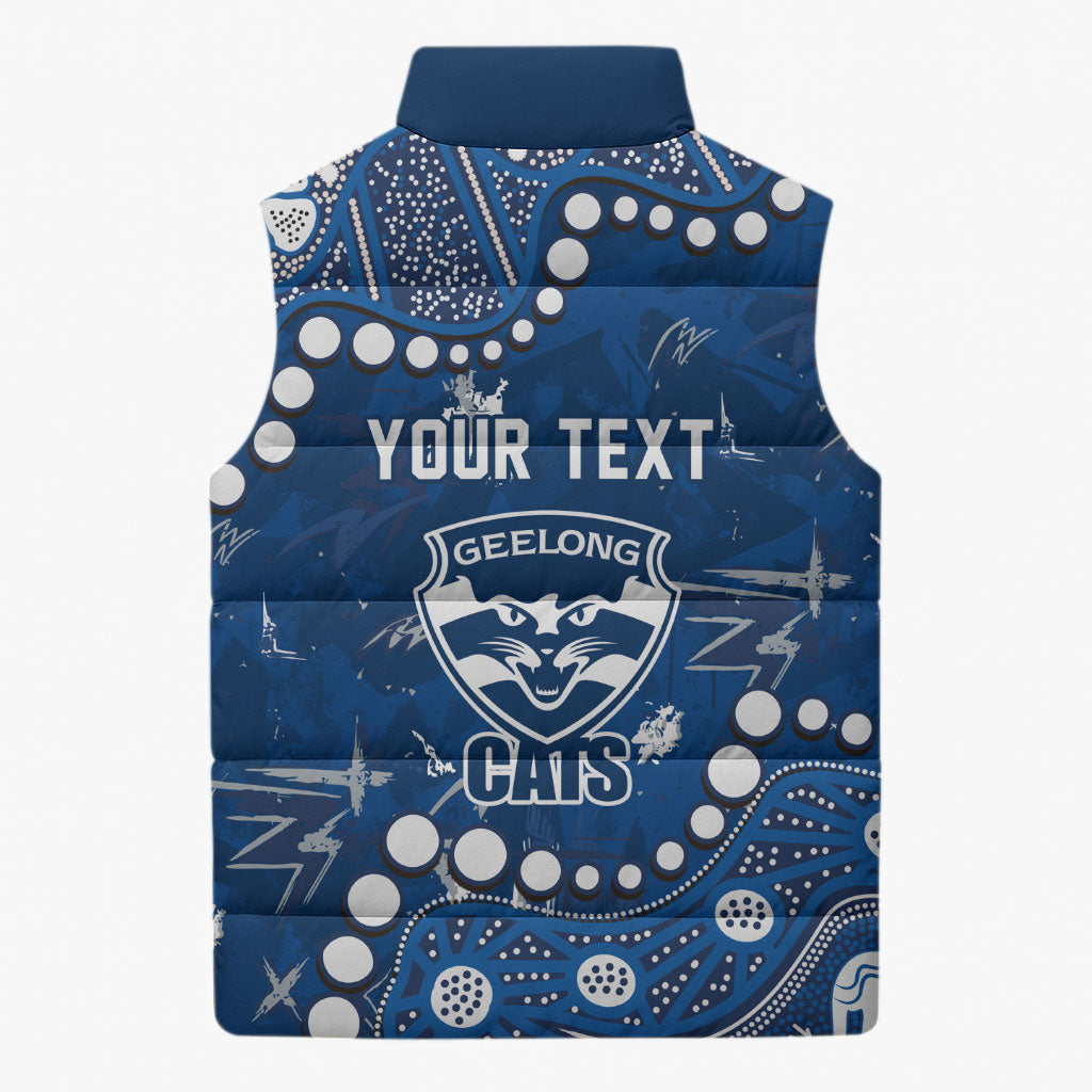 Personalized Geelong Cats Sleeveless Puffer Jacket Aboriginal Pattern with Graffiti Style