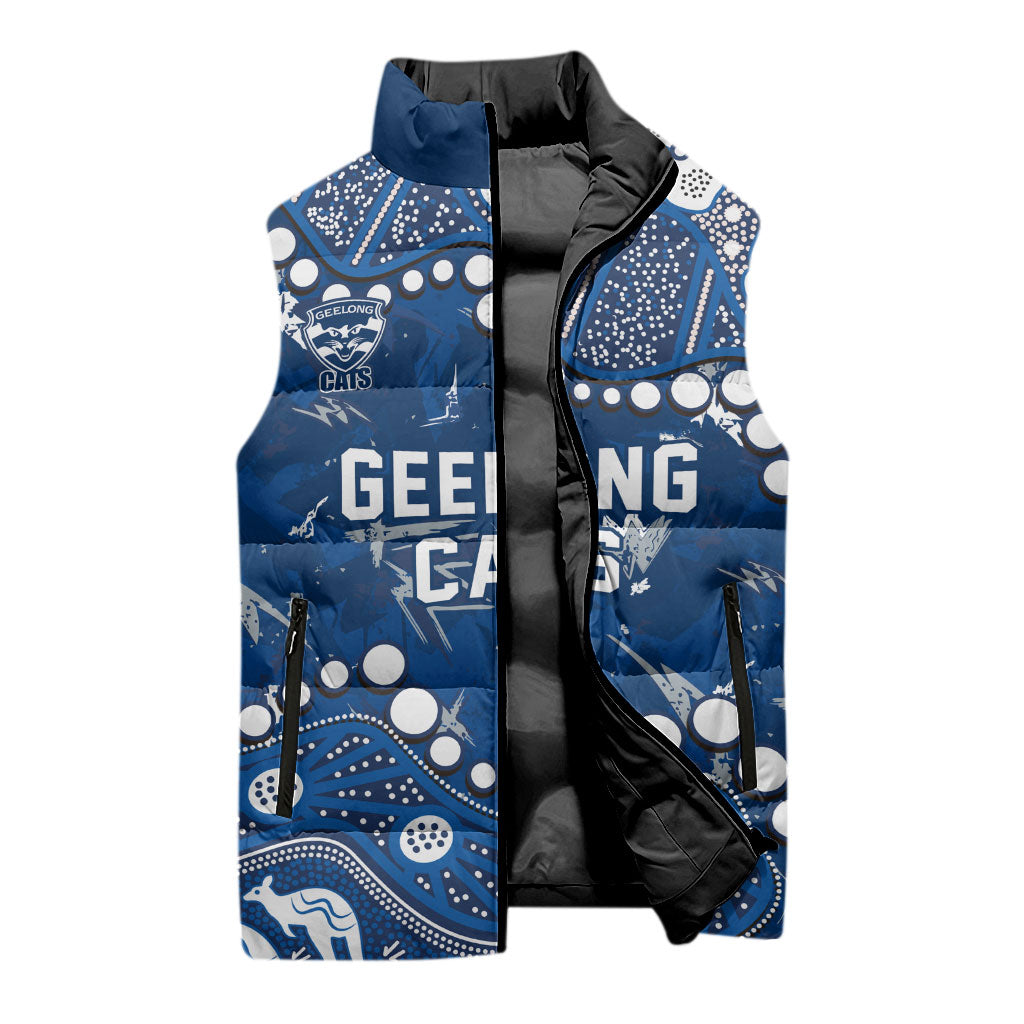 Personalized Geelong Cats Sleeveless Puffer Jacket Aboriginal Pattern with Graffiti Style
