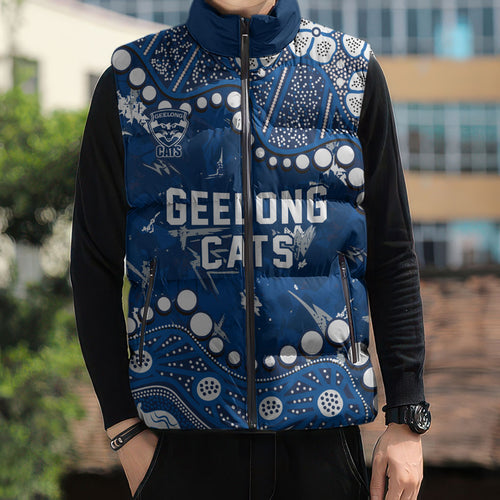 Personalized Geelong Cats Sleeveless Puffer Jacket Aboriginal Pattern with Graffiti Style