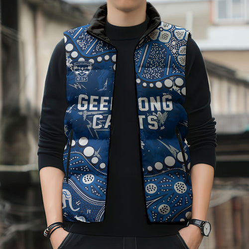 Personalized Geelong Cats Sleeveless Puffer Jacket Aboriginal Pattern with Graffiti Style