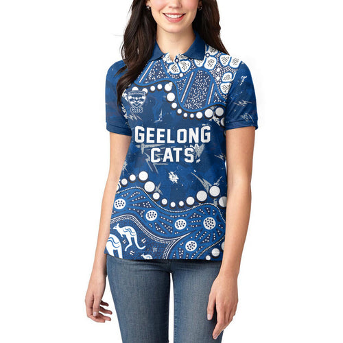 Personalized Geelong Cats Women Polo Shirt Aboriginal Pattern with Graffiti Style