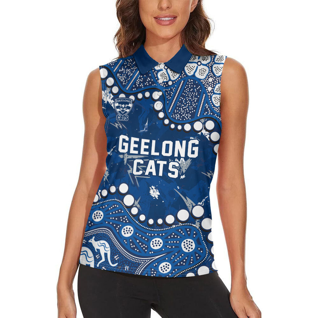 Personalized Geelong Cats Women Sleeveless Polo Shirt Aboriginal Pattern with Graffiti Style