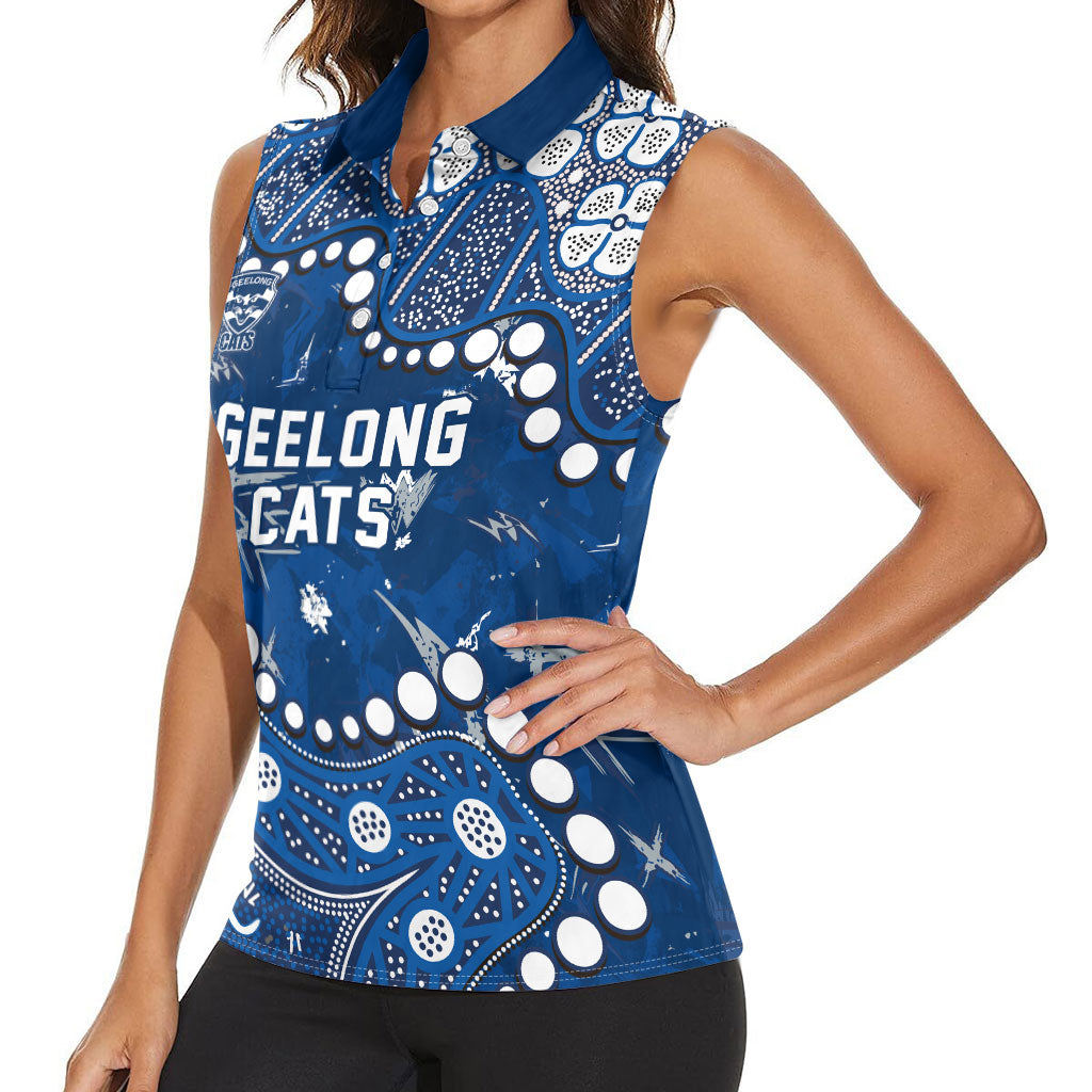 Personalized Geelong Cats Women Sleeveless Polo Shirt Aboriginal Pattern with Graffiti Style