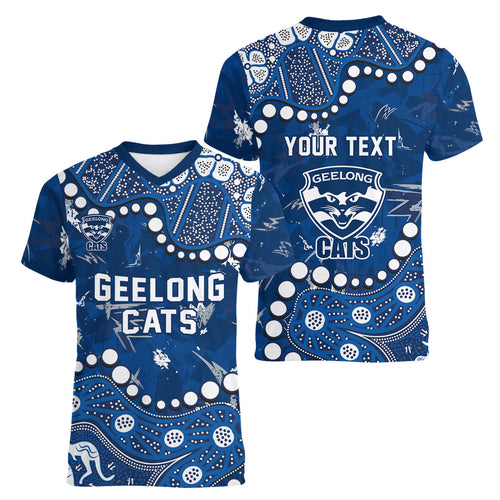 Personalized Geelong Cats Women V-Neck T-Shirt Aboriginal Pattern with Graffiti Style