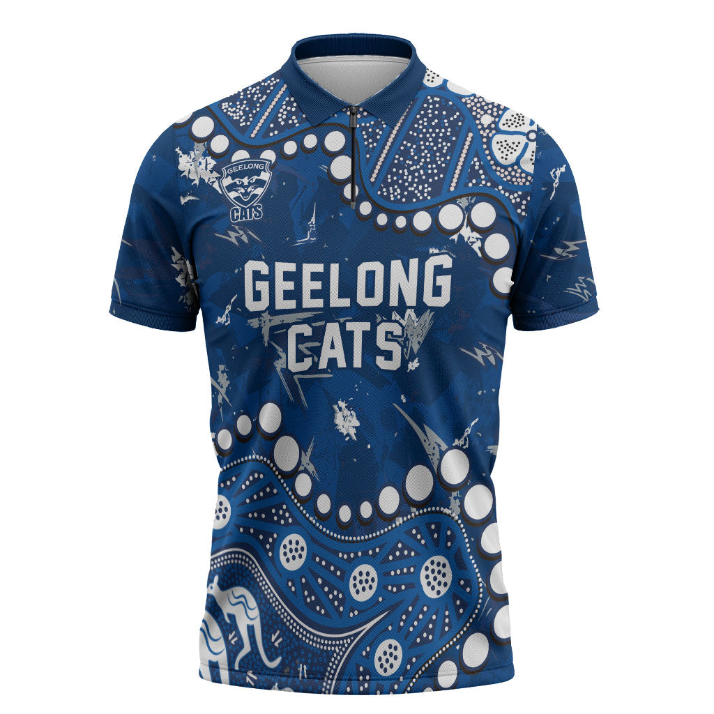 Personalized Geelong Cats Zipper Polo Shirt Aboriginal Pattern with Graffiti Style