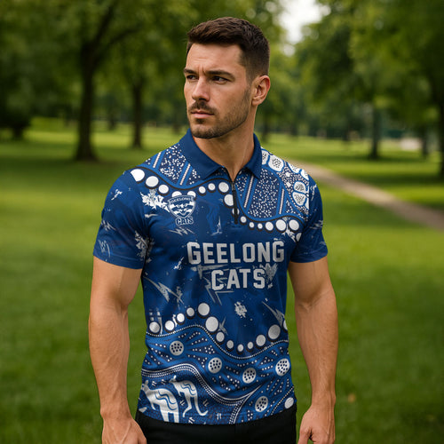 Personalized Geelong Cats Zipper Polo Shirt Aboriginal Pattern with Graffiti Style