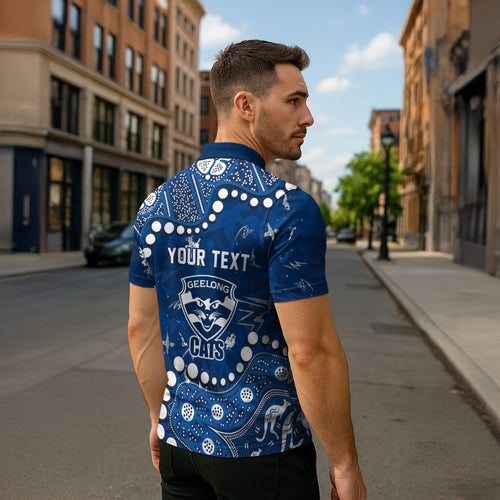 Personalized Geelong Cats Zipper Polo Shirt Aboriginal Pattern with Graffiti Style