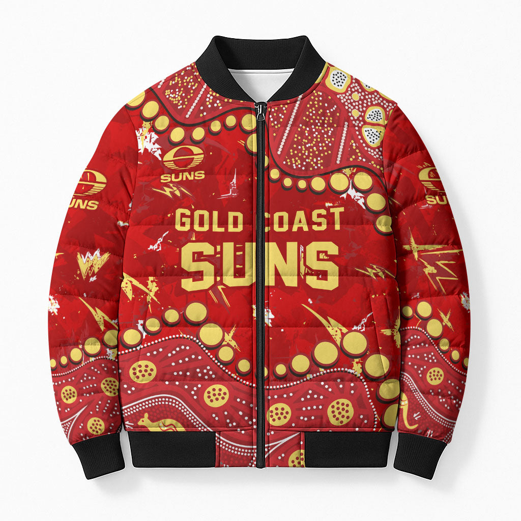 Personalized Gold Coast Suns Bomber Puffer Jacket Aboriginal Pattern with Graffiti Style