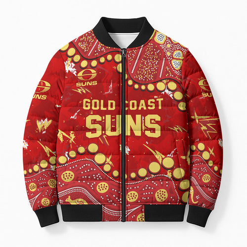 Personalized Gold Coast Suns Bomber Puffer Jacket Aboriginal Pattern with Graffiti Style
