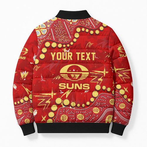 Personalized Gold Coast Suns Bomber Puffer Jacket Aboriginal Pattern with Graffiti Style