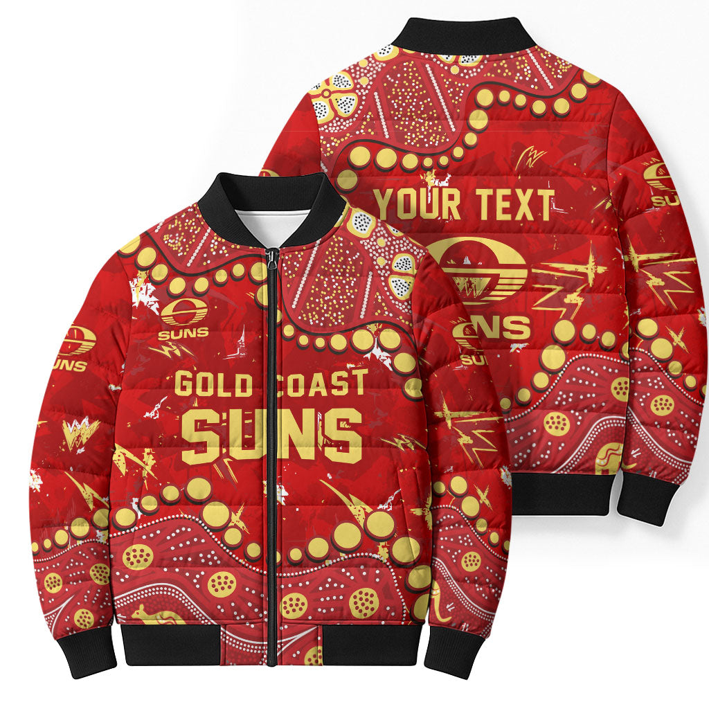 Personalized Gold Coast Suns Bomber Puffer Jacket Aboriginal Pattern with Graffiti Style