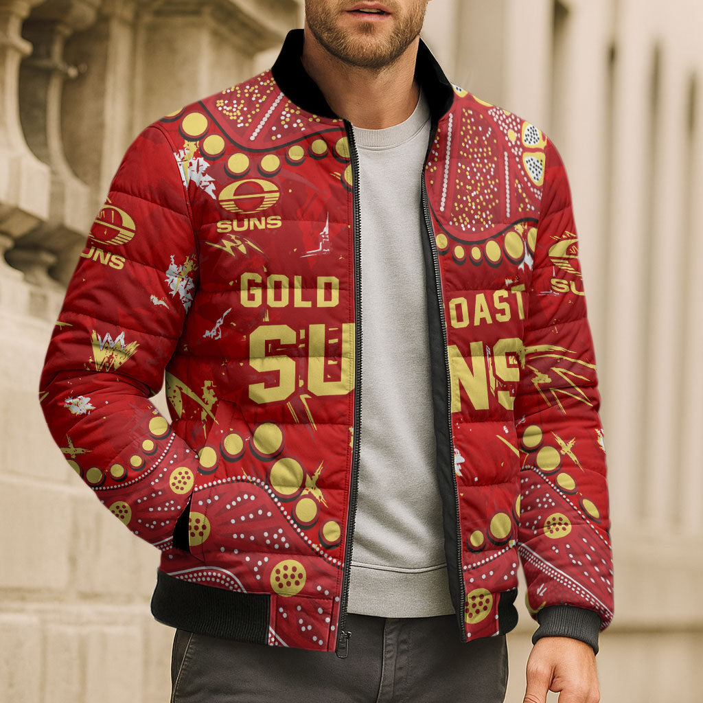 Personalized Gold Coast Suns Bomber Puffer Jacket Aboriginal Pattern with Graffiti Style