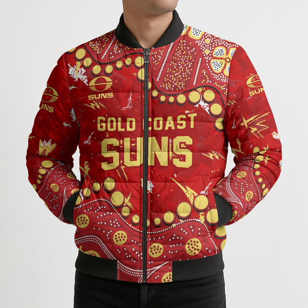 Personalized Gold Coast Suns Bomber Puffer Jacket Aboriginal Pattern with Graffiti Style