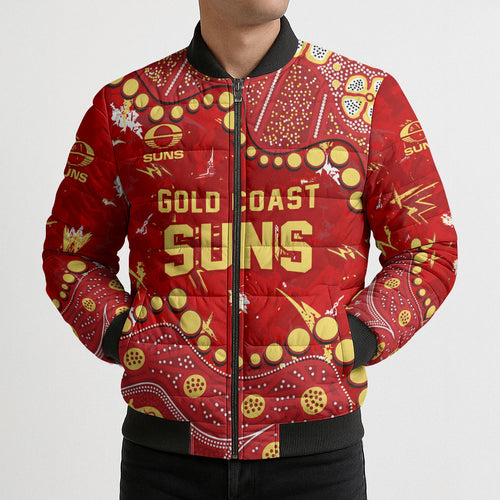 Personalized Gold Coast Suns Bomber Puffer Jacket Aboriginal Pattern with Graffiti Style
