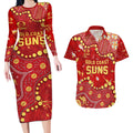 Personalized Gold Coast Suns Couples Matching Long Sleeve Bodycon Dress and Hawaiian Shirt Aboriginal Pattern with Graffiti Style