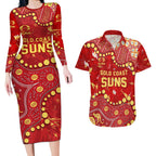 Personalized Gold Coast Suns Couples Matching Long Sleeve Bodycon Dress and Hawaiian Shirt Aboriginal Pattern with Graffiti Style