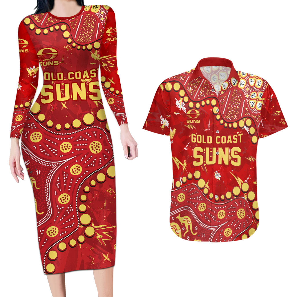 Personalized Gold Coast Suns Couples Matching Long Sleeve Bodycon Dress and Hawaiian Shirt Aboriginal Pattern with Graffiti Style