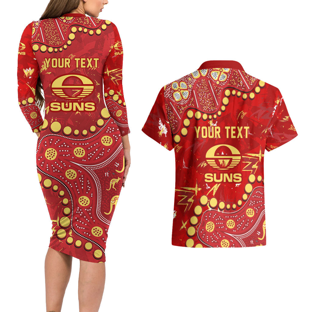 Personalized Gold Coast Suns Couples Matching Long Sleeve Bodycon Dress and Hawaiian Shirt Aboriginal Pattern with Graffiti Style