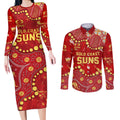 Personalized Gold Coast Suns Couples Matching Long Sleeve Bodycon Dress and Long Sleeve Button Shirt Aboriginal Pattern with Graffiti Style