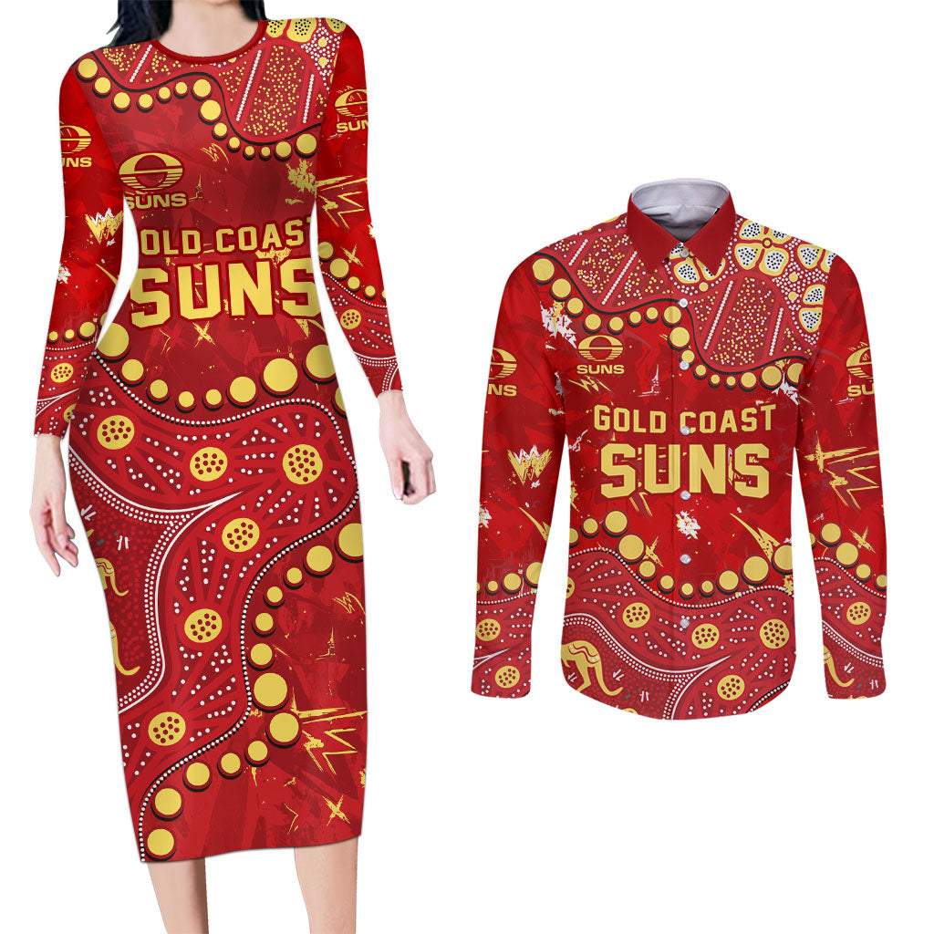Personalized Gold Coast Suns Couples Matching Long Sleeve Bodycon Dress and Long Sleeve Button Shirt Aboriginal Pattern with Graffiti Style