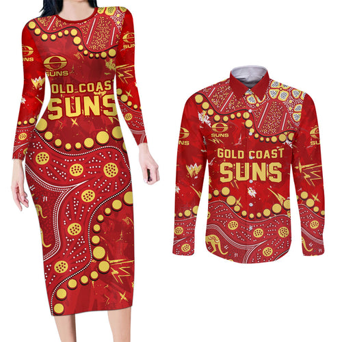 Personalized Gold Coast Suns Couples Matching Long Sleeve Bodycon Dress and Long Sleeve Button Shirt Aboriginal Pattern with Graffiti Style