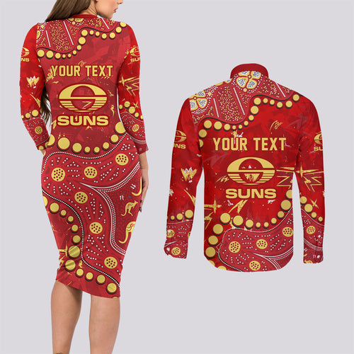 Personalized Gold Coast Suns Couples Matching Long Sleeve Bodycon Dress and Long Sleeve Button Shirt Aboriginal Pattern with Graffiti Style