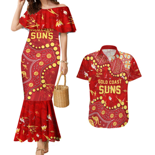 Personalized Gold Coast Suns Couples Matching Mermaid Dress and Hawaiian Shirt Aboriginal Pattern with Graffiti Style