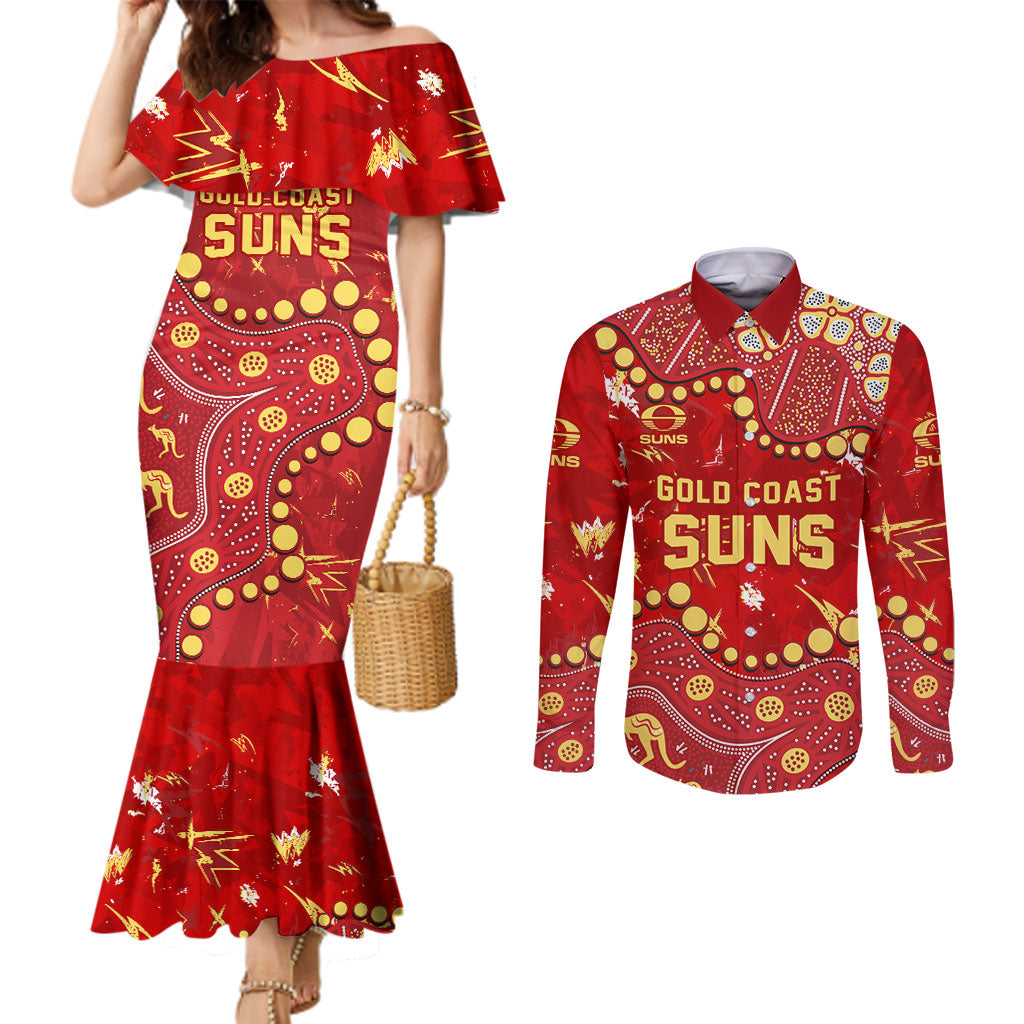 Personalized Gold Coast Suns Couples Matching Mermaid Dress and Long Sleeve Button Shirt Aboriginal Pattern with Graffiti Style