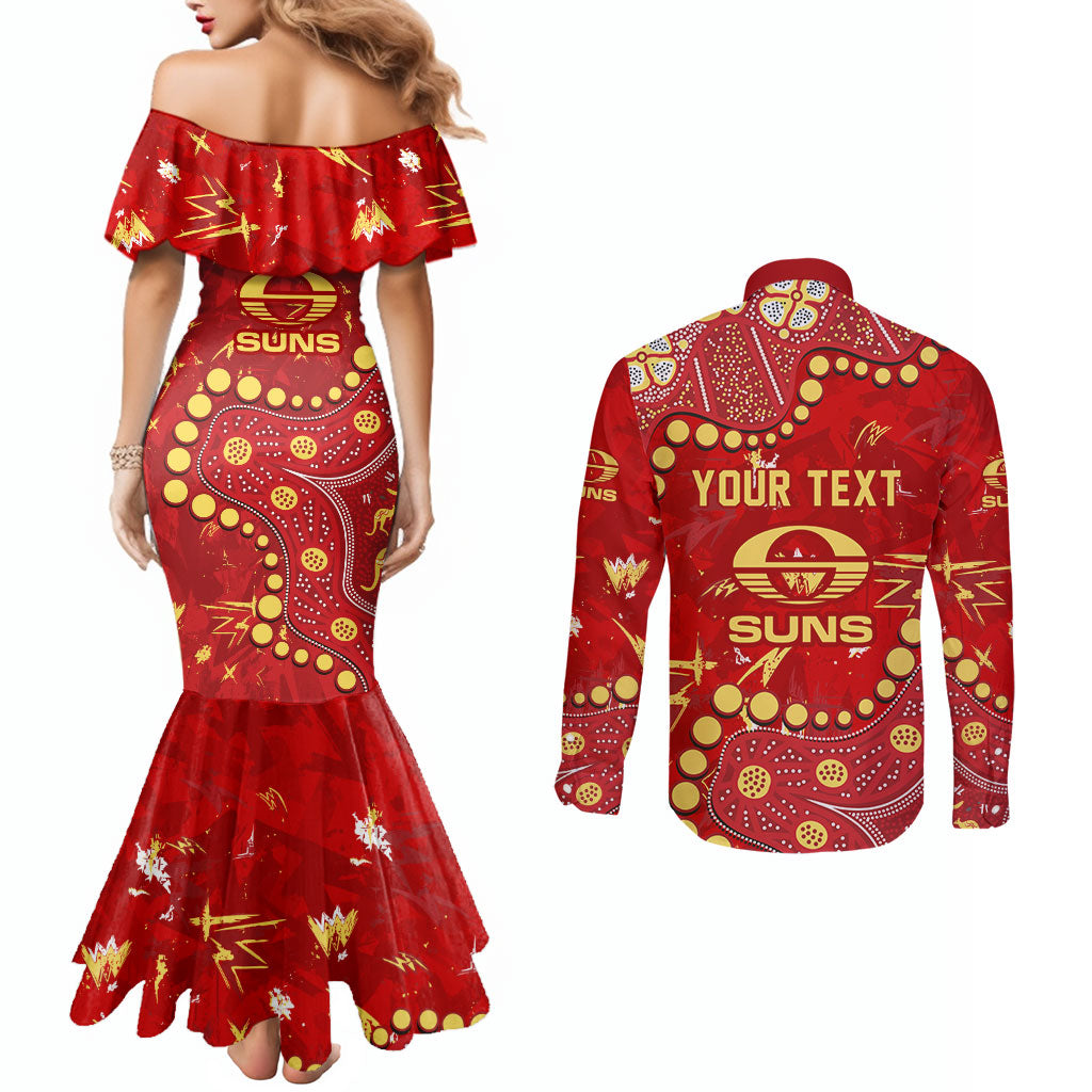 Personalized Gold Coast Suns Couples Matching Mermaid Dress and Long Sleeve Button Shirt Aboriginal Pattern with Graffiti Style