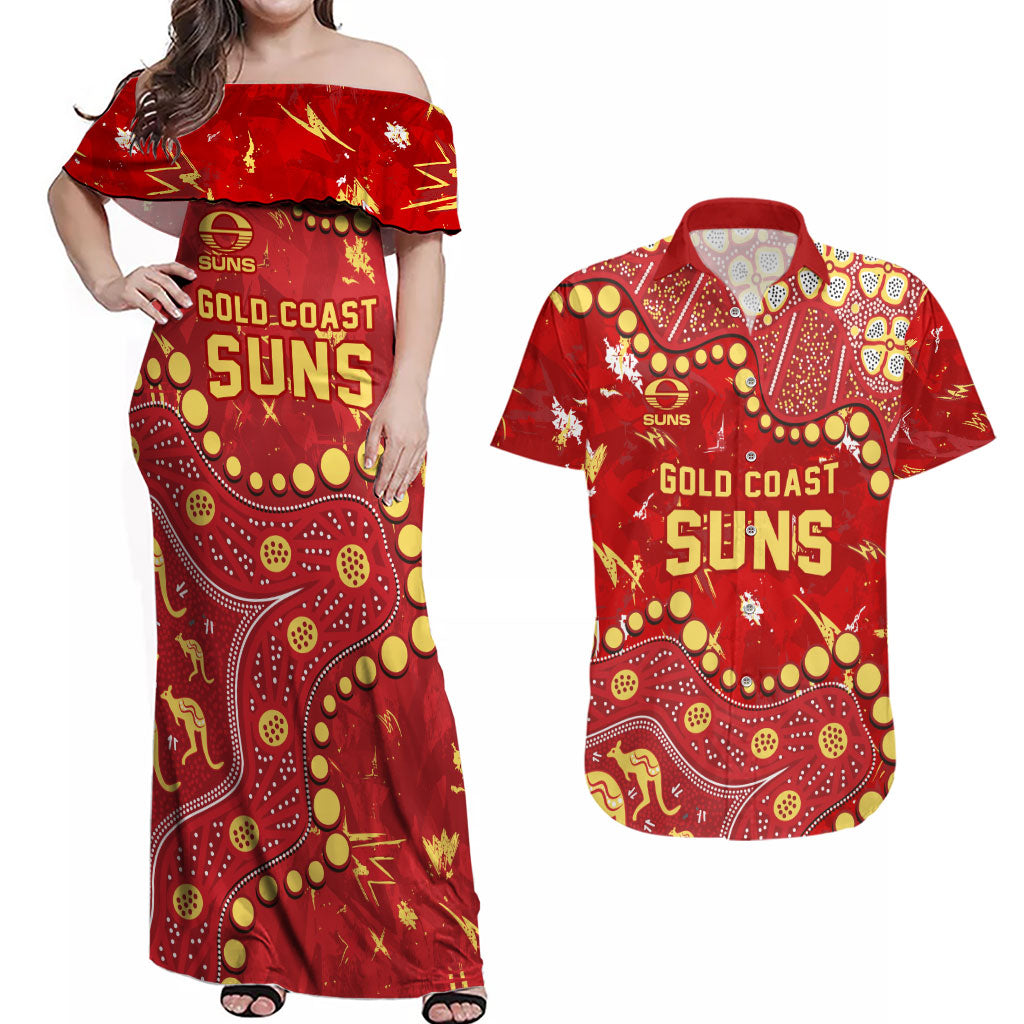 Personalized Gold Coast Suns Couples Matching Off Shoulder Maxi Dress and Hawaiian Shirt Aboriginal Pattern with Graffiti Style