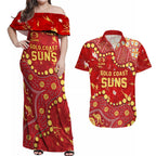 Personalized Gold Coast Suns Couples Matching Off Shoulder Maxi Dress and Hawaiian Shirt Aboriginal Pattern with Graffiti Style