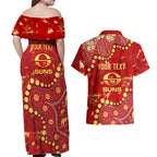 Personalized Gold Coast Suns Couples Matching Off Shoulder Maxi Dress and Hawaiian Shirt Aboriginal Pattern with Graffiti Style