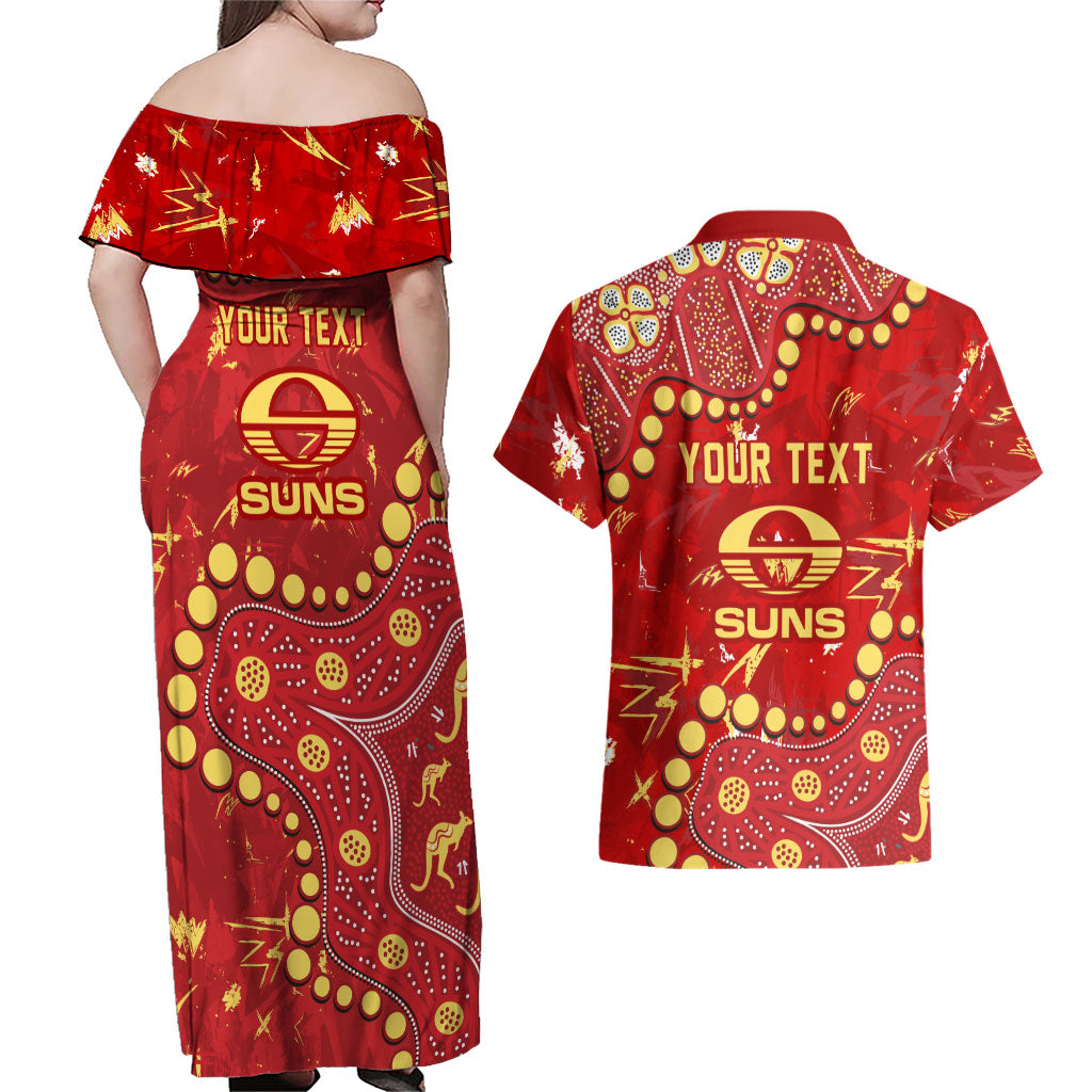 Personalized Gold Coast Suns Couples Matching Off Shoulder Maxi Dress and Hawaiian Shirt Aboriginal Pattern with Graffiti Style